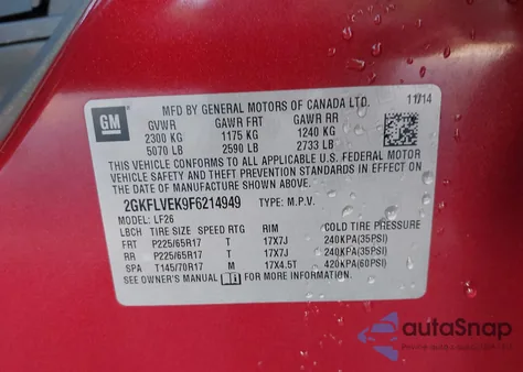 2015 GMC Terrain Sle-1 z USA, uszkodzony, nr VIN 2GKFLVEK9F6214949